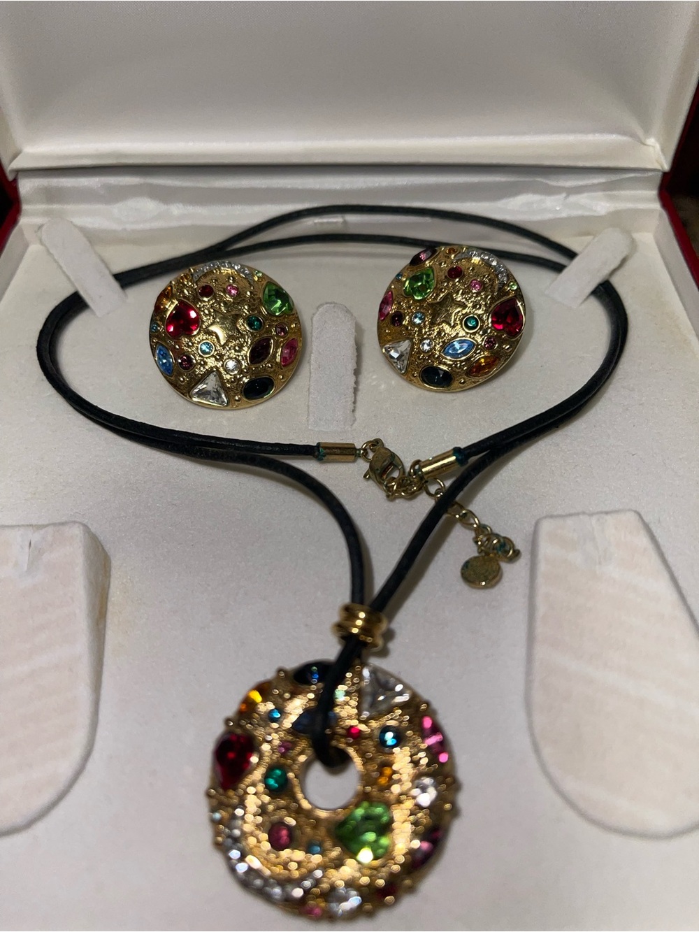 Gold - Tone Multicolor Crystal Pendant Necklace and Earring Set